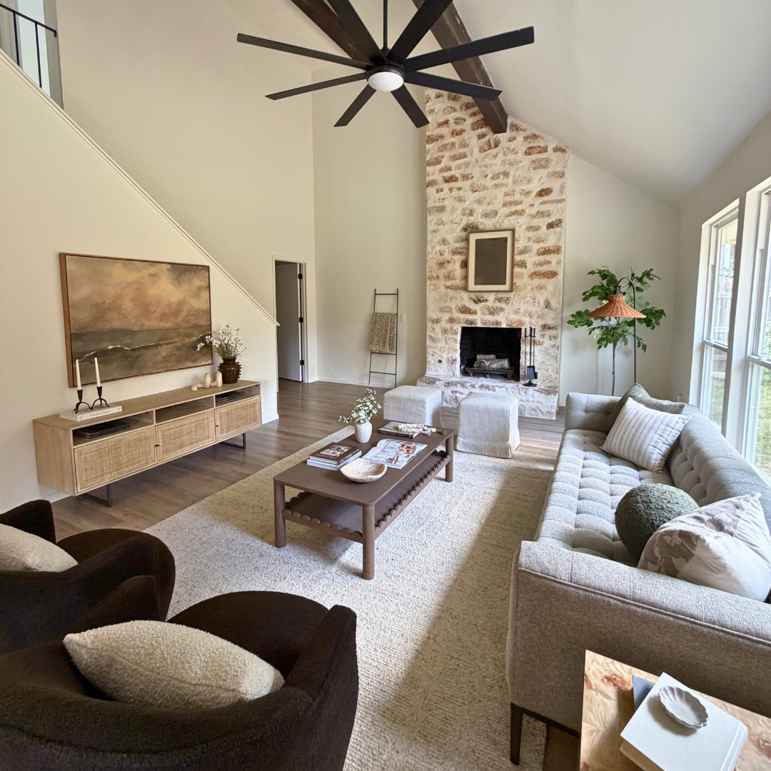 Living room dusted and vacuumed, fireplace area included