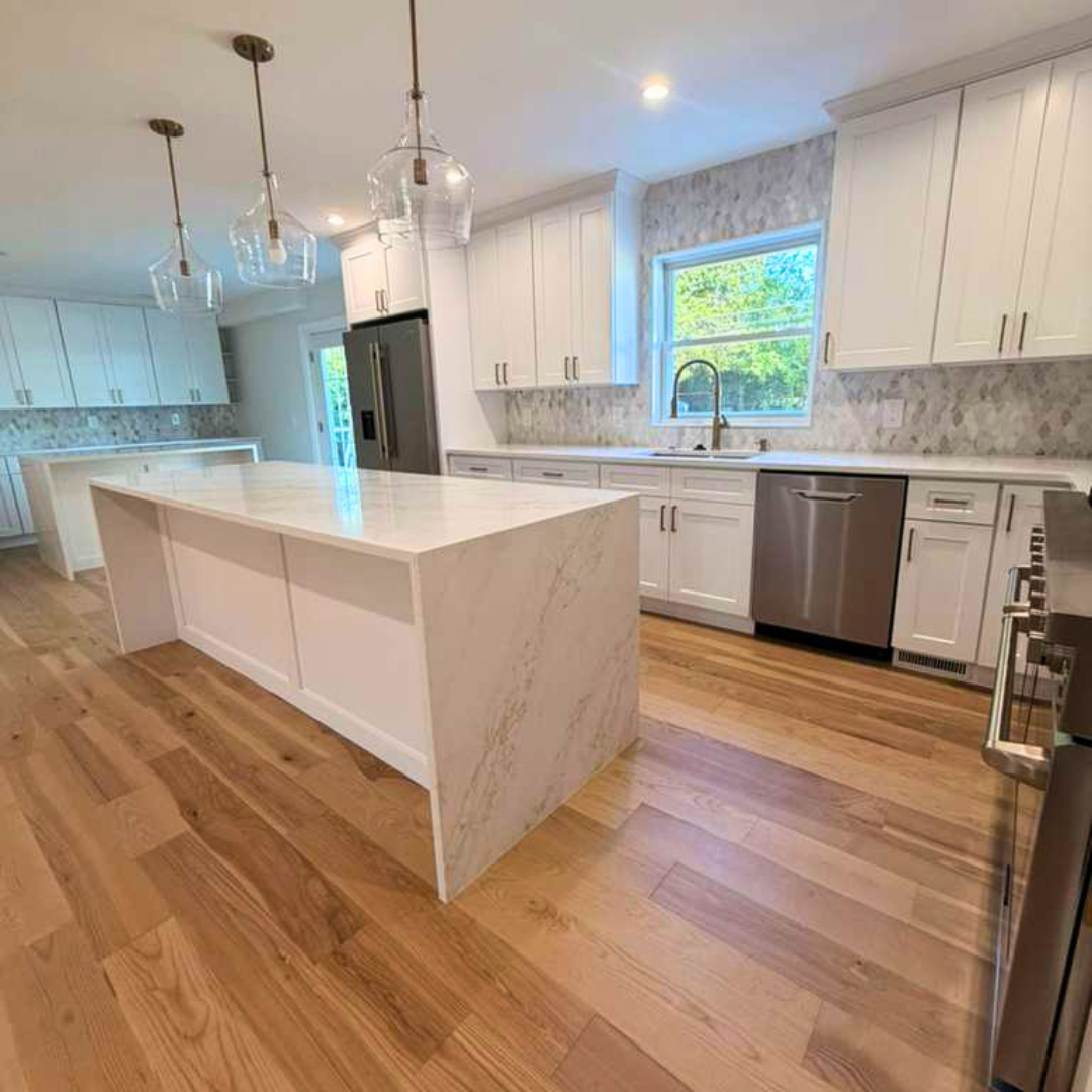 Kitchen island and countertops scrubbed and polished